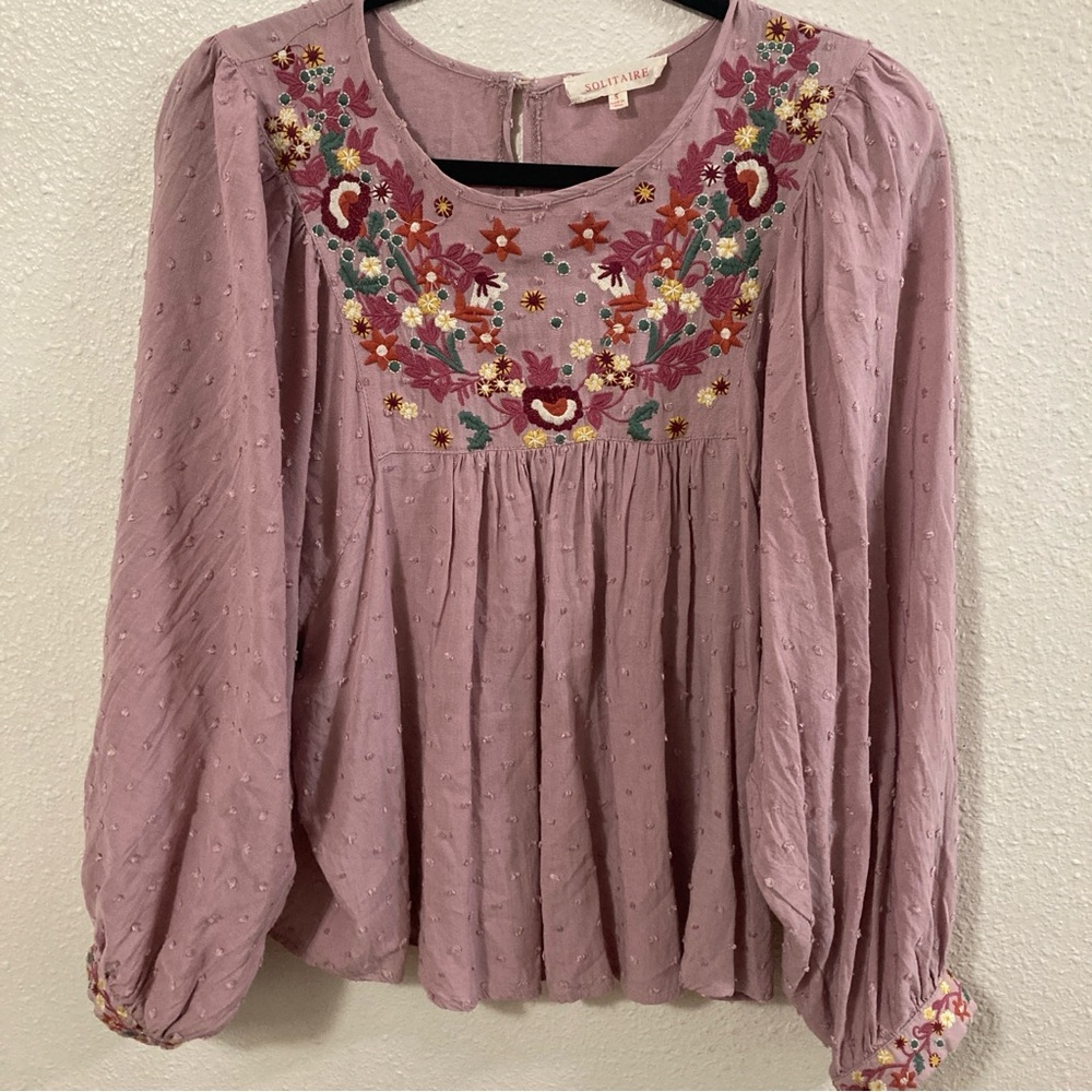 Solitaire Pink Embroidered Women's Top long sleeve Small Boho colorful